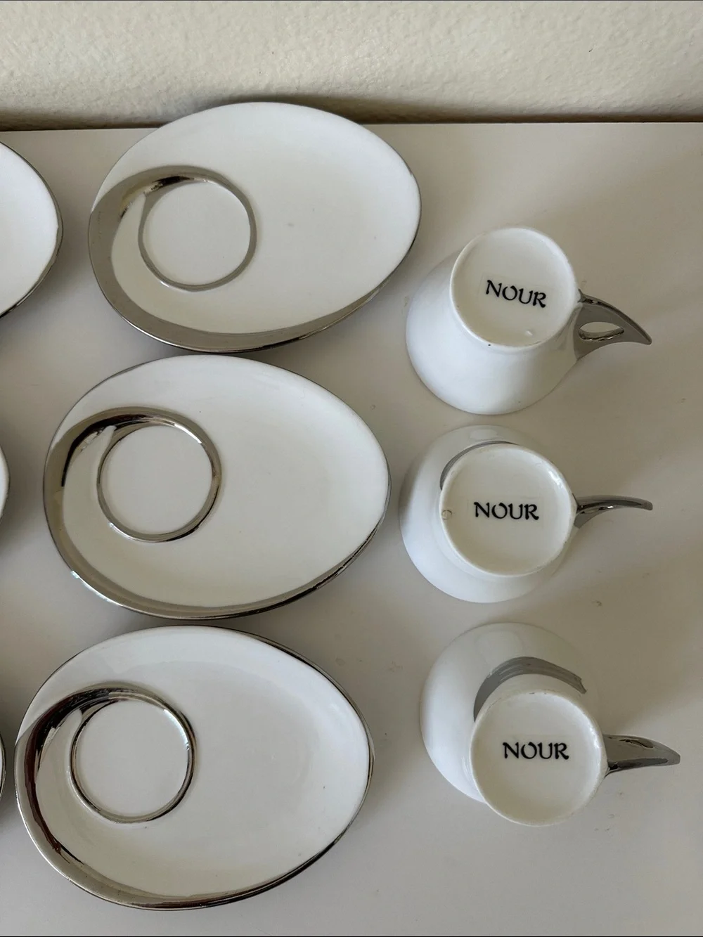 Nour White & Silver Ceramic Espresso Cup Set Of Six Cups With Saucers